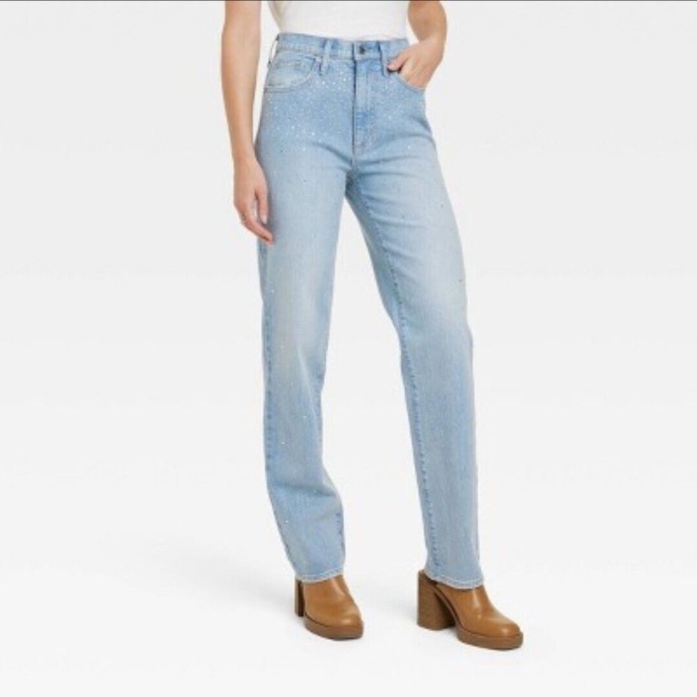 Light wash high rise Rhinestone jeans